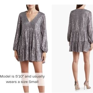 NWT Mellóday Sequin Babydoll dress, silver, Small